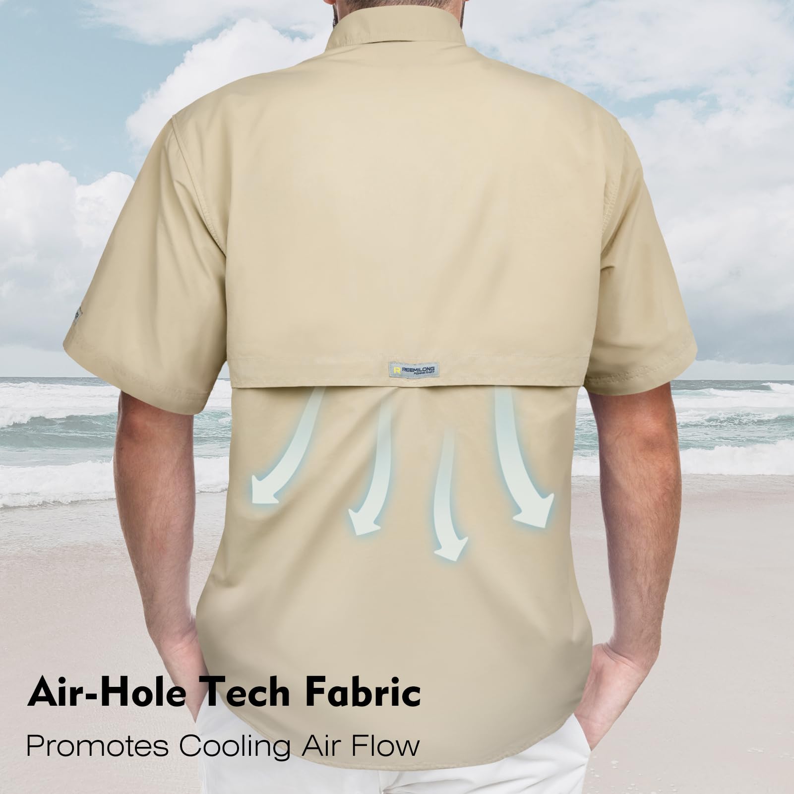 alt="Back view of Trudave AquaShield Series men’s lightweight quick-dry fishing shirt in beige showing Air-Hole Tech Fabric that promotes cooling air flow and enhances breathability for outdoor fishing comfort"